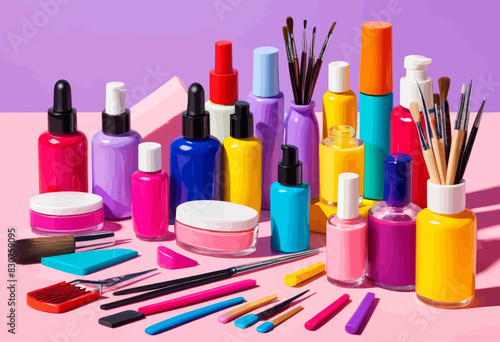 a collection of colorful cosmetics and makeup products