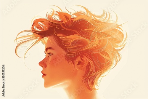 Stylized Profile Portrait of a Girl with Red Hair and Wind-blown Strands