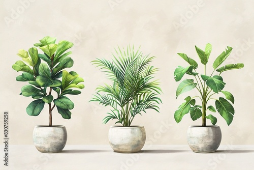 Three Potted Plants in Different Stages of Growth
