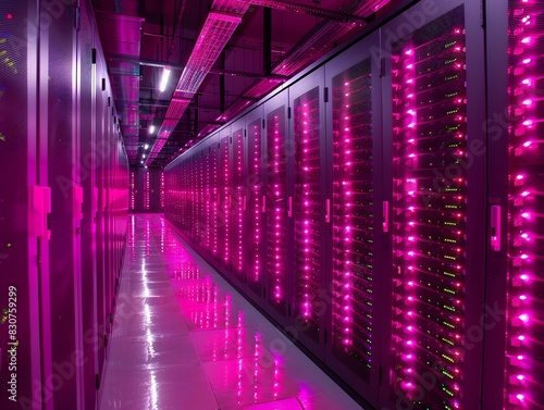 Rows of Illuminated Servers in a Futuristic Data Center Showcasing Technological Innovations and Digital Storage Capabilities