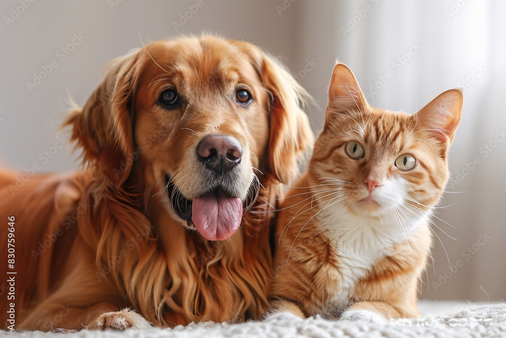 Golden Retriever and Orange Tabby Cat Snuggling on Carpet Golden Retriever and Orange Tabby Cat Snuggling on Carpet
