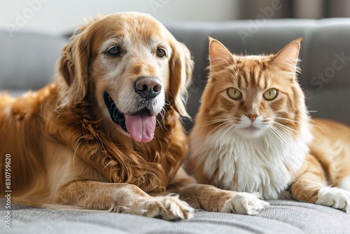 Golden Retriever and Cat Share a Cozy Moment on the Couch