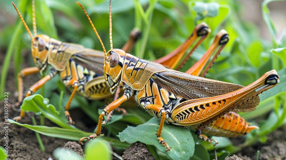 Close-Up of Grasshoppers in Natural Habitat Amongst Green Leaves Close-Up of Grasshoppers in Natural Habitat Amongst Green Leaves