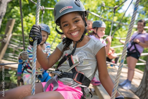 Little girl having fun at adventure park. Kid climbing trees in park. Cute little girl in climbing safety equipment in a tree house or in a rope park climbs the rope.