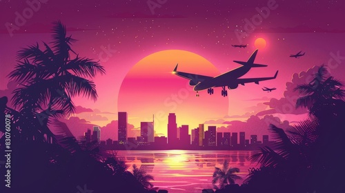 Miami Florida VIce City Retro Wave. with airplane . vector ilustration AI generated