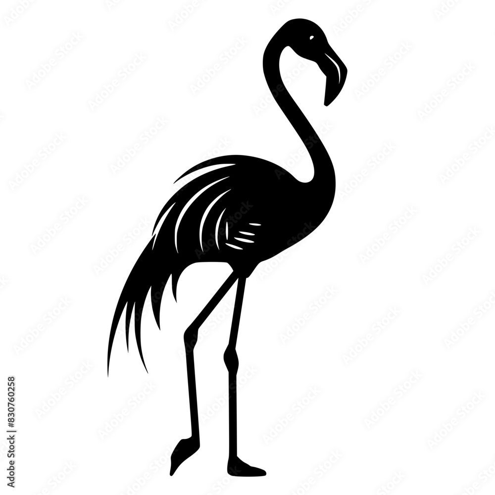 Obraz premium Silhouette of a Standing Flamingo, Black and white silhouette of a flamingo standing, highlighting its long neck, legs, and distinctive beak.