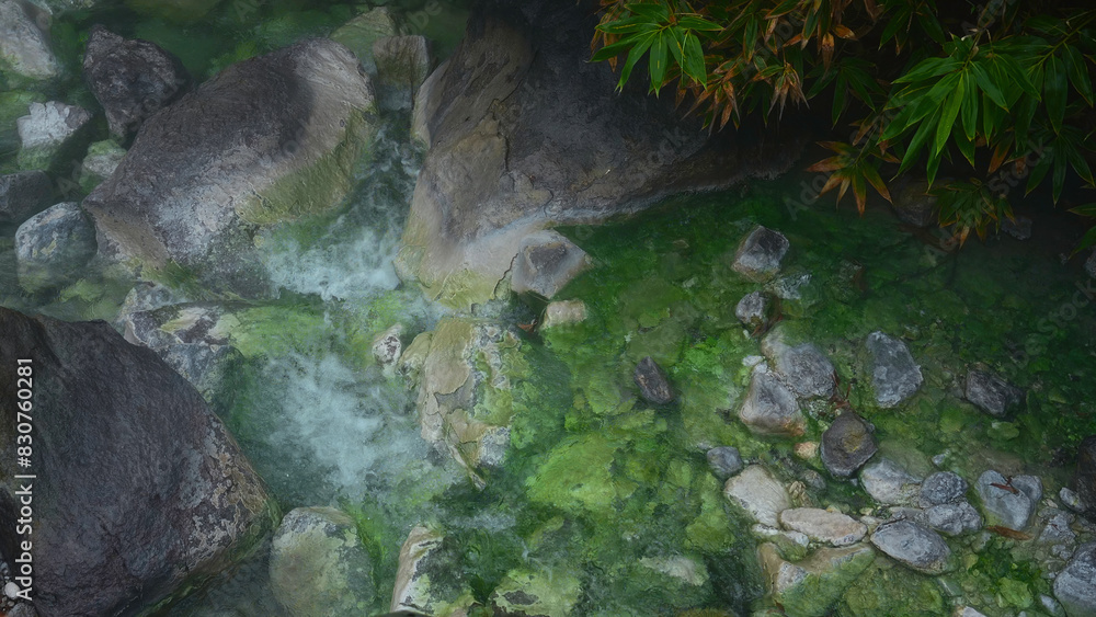 Obraz premium Beautiful view of flowing water in mountain gorge in jungle. Clip. Beautiful stream of river moving in stone gorge. Clear spring stream moves in jungle in summer