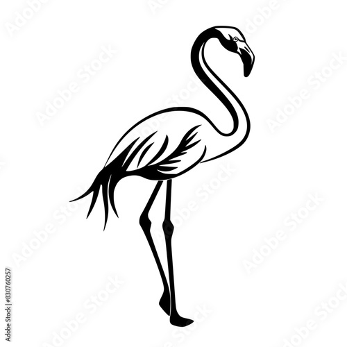 Silhouette of a Standing Flamingo, Black and white silhouette of a flamingo standing, highlighting its long neck, legs, and distinctive beak.