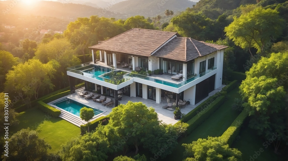 aerial view of villa house with dramatic sun lighting and a tree aerial view of villa house with dramatic sun lighting and a tree