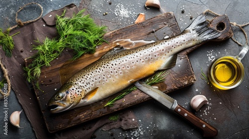 A fresh trout lies on a chopping board with knife next to it, surrounded by a drizzler of olive oil and some dil