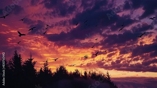 A flock of birds soaring through a colorful sunset sky, with silhouetted trees adding to the dramatic scene. 8k, full ultra HD, high resolution, cinematic photography