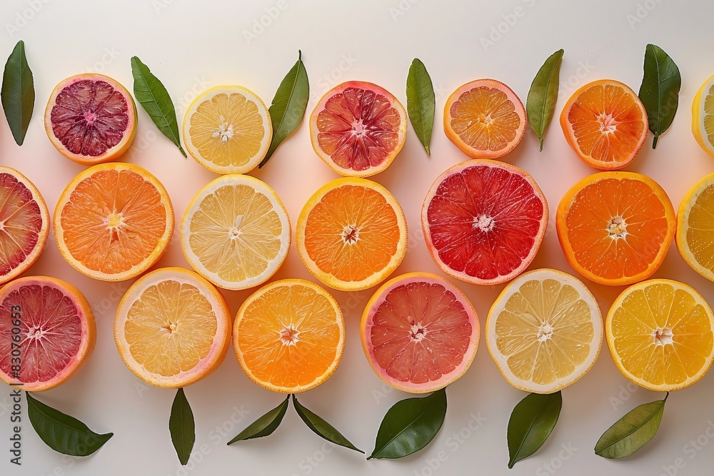 A Rainbow of Citrus: Colorful Orange and Grapefruit Arrangement on a White Background