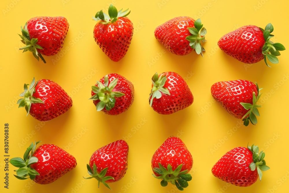 A row of red strawberries on a yellow background A row of red strawberries on a yellow background