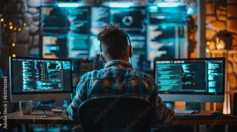 A computer programmer debugging software, focus on, problemsolving theme, vibrant, blend mode, modern workspace backdrop A computer programmer debugging software, focus on, problemsolving theme, vibrant, blend mode, modern workspace backdrop