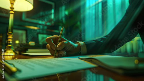 A person in a suit is writing on documents in a sophisticated office setting at night, illuminated by a classic desk lamp
