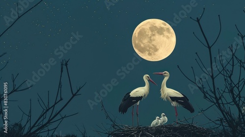 Moon, night sky and storks family in nest. Stork and newborn baby chicks AI generated