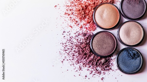 Eye shadow palette on white background with space for text