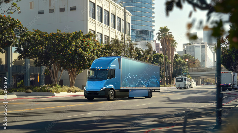 A blue truck driving down a city street next to tall buildings under a clear sky