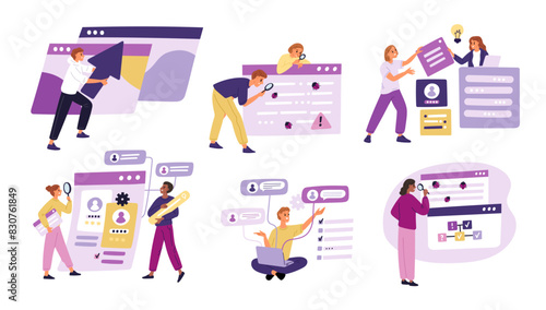 Software testing process. People looking for mistakes and web bugs in applications and computer programs. QA engineering. Programmers finding errors with magnifiers. Garish vector set