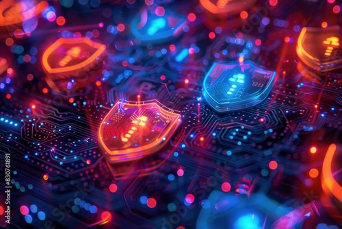 A colorful image of a computer chip with a red shield on it