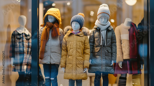 children's mannequins in clothes. Mannequins stand at full height in a store window
