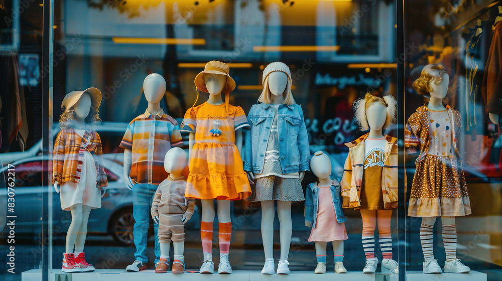 children's mannequins in clothes. Mannequins stand at full height in a store window