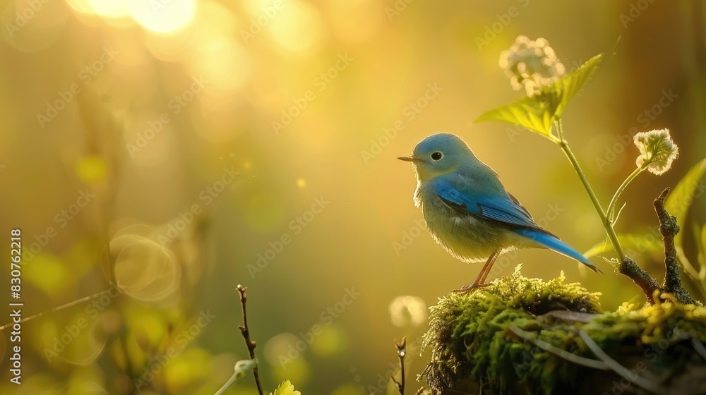 Natural background and a small blue bird perched on a branch with a small moss tree, covered i AI generated Natural background and a small blue bird perched on a branch with a small moss tree, covered i AI generated