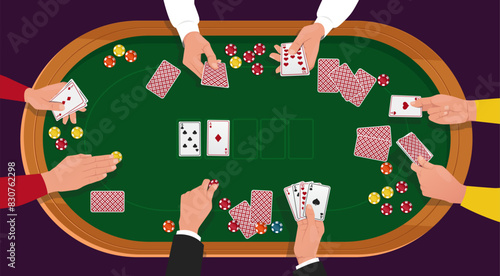 Poker hands. People play at gambling table in casino. Desk top view. Human arms hold and lay out playing cards. Dark room. Players and croupier fingers. Lucky gambles vector concept