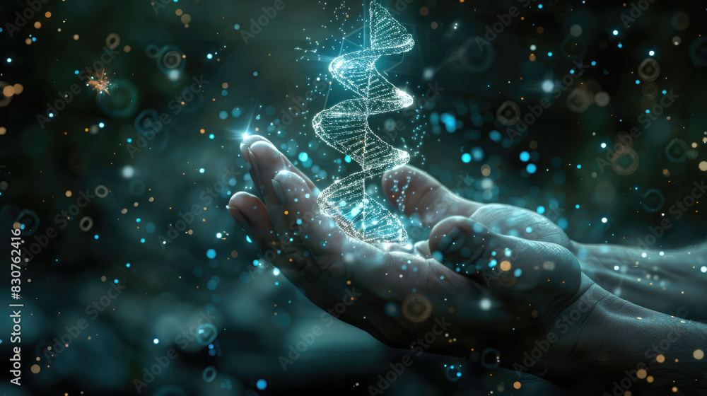 Hands gently holding a glowing DNA helix, with sparkles and bokeh effects around, set against a dark background Hands gently holding a glowing DNA helix, with sparkles and bokeh effects around, set against a dark background