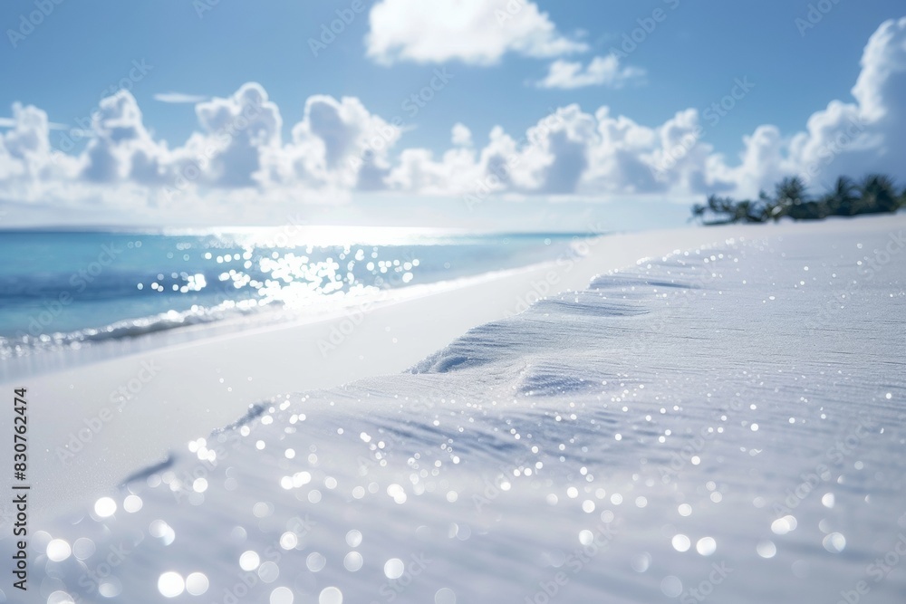 Close-up of sand beach with sparkling ocean water under sunlight - vacation, travel, celebration Close-up of sand beach with sparkling ocean water under sunlight - vacation, travel, celebration