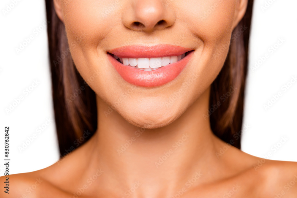 Cropped close up photo of good-looking lovely charming pretty brunette hair lady with her naked shoulders she makes beaming smile stand isolated on pastel beige background Cropped close up photo of good-looking lovely charming pretty brunette hair lady with her naked shoulders she makes beaming smile stand isolated on pastel beige background