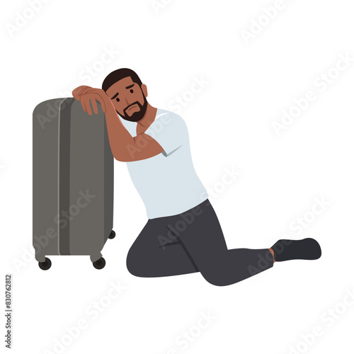 Flight delayed, postponed, canceled. Young businessman or manager is very upset. Flat vector illustration isolated on white background