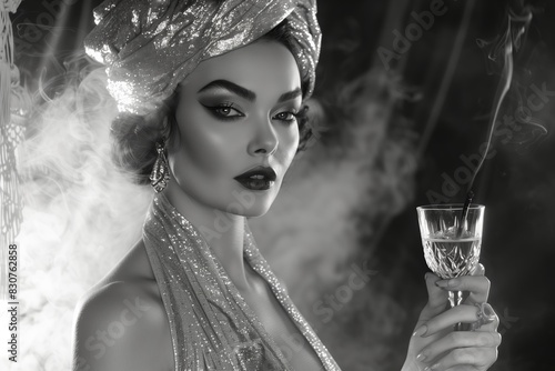 Stylish Retro Woman in Silver Dress with Wine Glass, Vintage Finger Wave Hairstyle, and photo