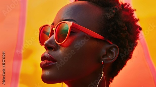 AI generated illustration of an African American woman in red sunglasses and hoop earrings