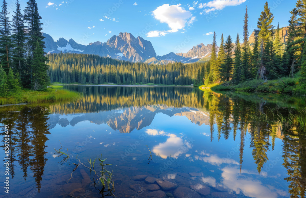A serene mountain landscape with towering peaks and lush greenery around the crystal clear lake. Created with Ai