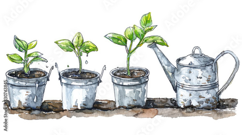 Illustration of a watering can with various plants sprouting out of it