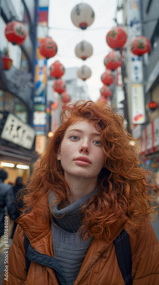 Young woman exploring busy streets of Tokyo on a breezy autumn day. Generative AI Young woman exploring busy streets of Tokyo on a breezy autumn day. Generative AI
