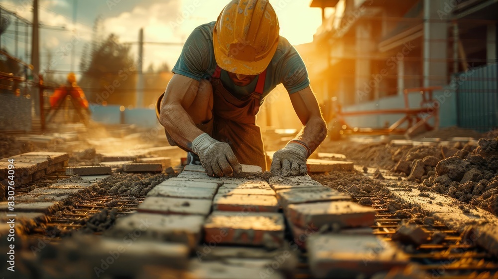 A construction worker laying bricks, focus on, masonry skills theme, vibrant, blend mode, building site backdrop A construction worker laying bricks, focus on, masonry skills theme, vibrant, blend mode, building site backdrop
