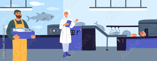 Cartoon fish farm. Breeding of tuna or salmon in artificial environment. Seafood enclosure. Marine agriculture. Processing conveyor. Food production industry. Garish vector concept