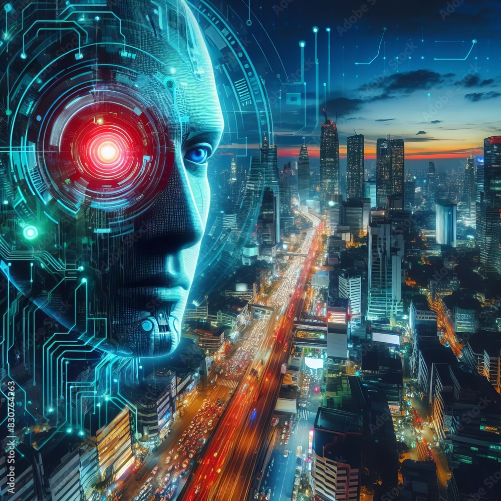 Fototapeta premium A digital representation of a human-like AI face overlooking a bustling modern cityscape at dusk.. AI Generation