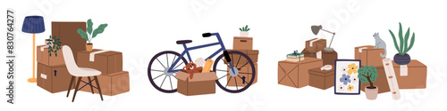 Cardboard boxes with interior things. Packed home elements. New location moving. Family relocating. Paper containers. Belongings for house relocation. Household items. Garish vector set