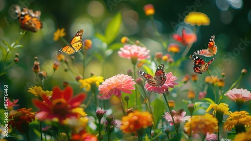 A group of colorful butterflies fluttering around a blooming flower garden. 8k  full ultra HD  high resolution  cinematic photography