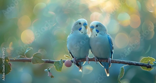 Serene Love: Two Parakeets Perched on a Branch Amidst the Blurred Backdrop of a Flowering Tree and Dappled Sunlight