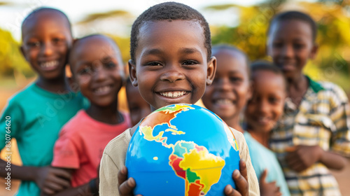 Happy African children holding a planet earth globe outdoors photo