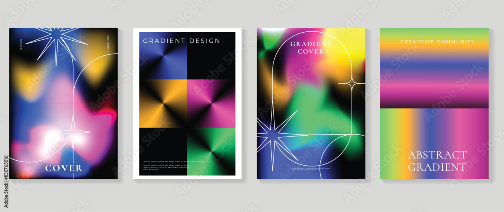Abstract gradient poster background vector set. Minimalist style cover template with vibrant perspective 3d geometric prism shapes collection. Ideal design for social media, cover, banner, flyer.