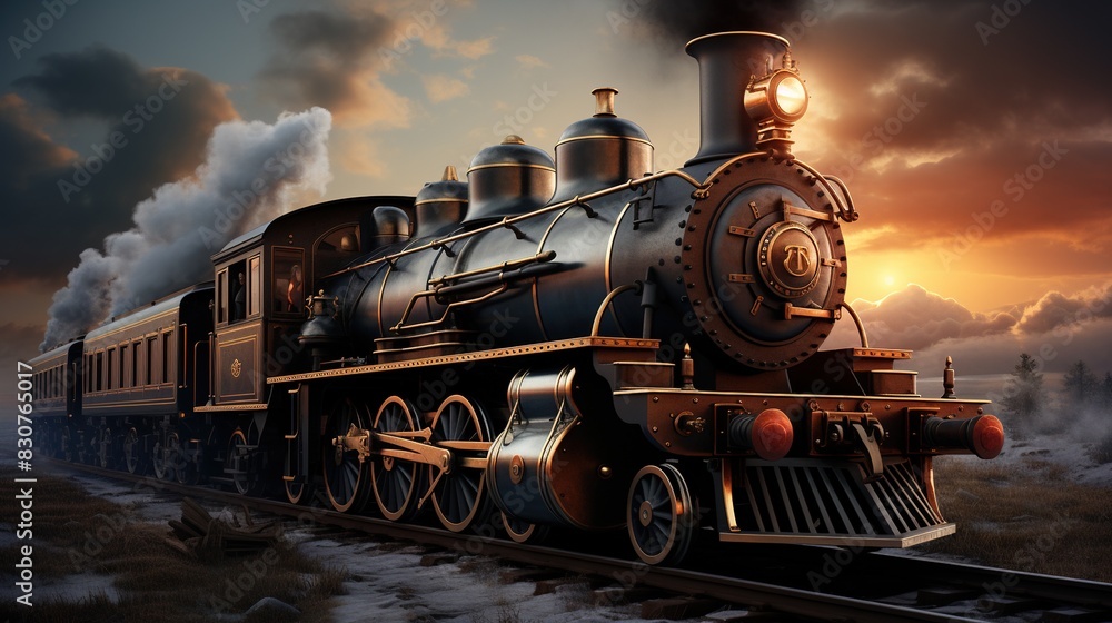 Naklejka premium A Steam Train Chugging Through a Snow Covered Forest