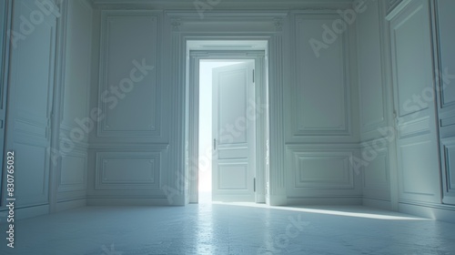 Doorway in the center of the frame opening up onto a vast white space  inviting the viewer.