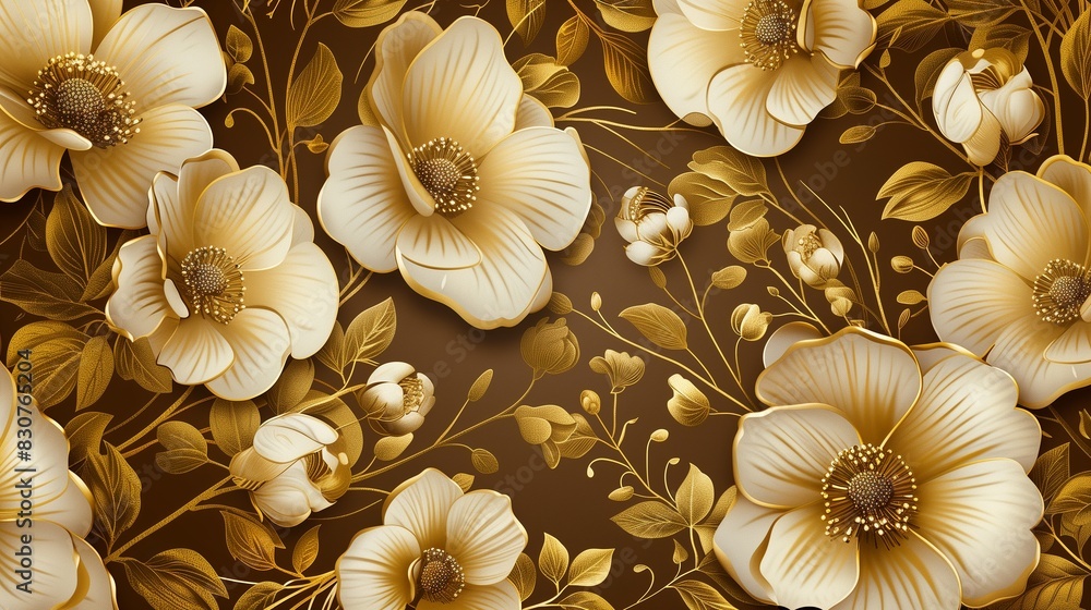 A luxurious gold and white floral design on a rich brown background, showcasing nature-inspired botanical patterns with an elegant, vintage, and ornate aesthetic.