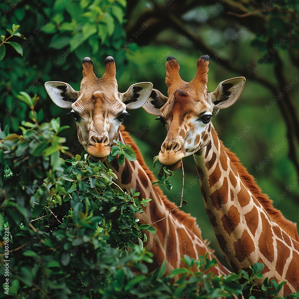 Fototapeta premium A Pair of Giraffes Grazing in a Natural Environment