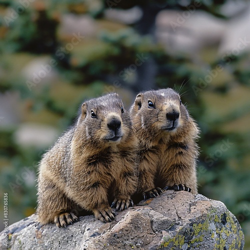 Adorable Double Shot of Groundhogs Perched on Rocks in a Mountainous Environment